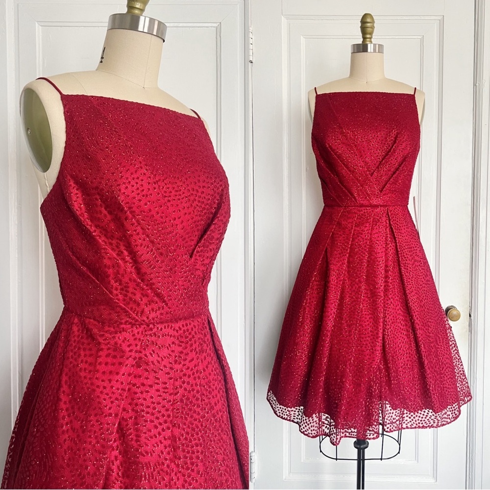 Monique Lhuillier • Square Neck Pleated Dress fit & flare red dotted tulle mesh